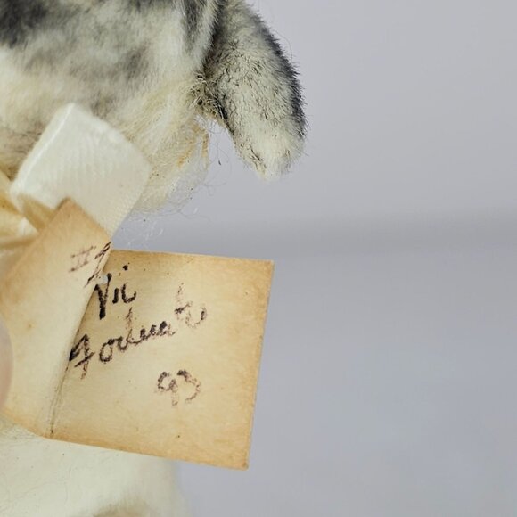 Vintage Articulated Goat Figurine Bow Flower Black White Realistic Mohair Felt - Picture 5 of 8